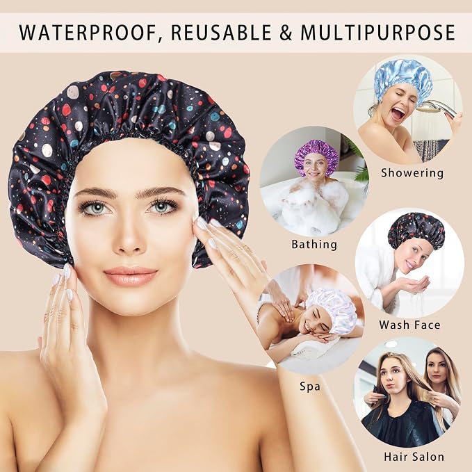 Shower Caps for Women, 4 PCS Elastic and Reusable Bath Caps, Double Layers Shower Cap Reusable Waterproof, Bathing Shower Caps, Environmental Bath Hair Protection Cap - Polka Dots