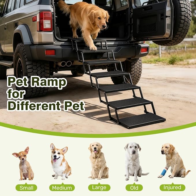 Foldable Dog Car Steps - Upgraded Non-Slip Pet Stairs for Large Dogs, Portable Metal Frame Dog Ramps for High SUV, Truck and Cars, Lightweight Pet Ladder with High Load-Bearing Capacity (7 Steps)