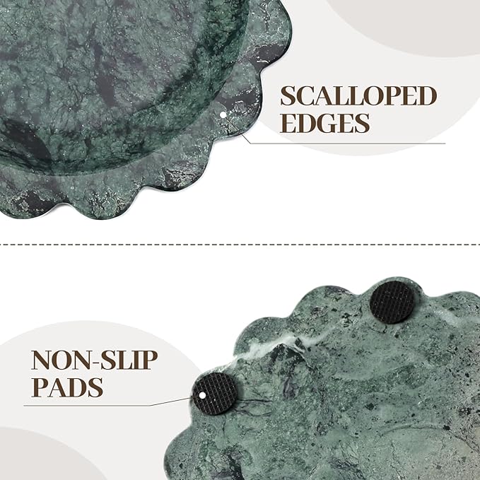 Koville 5.51" Scalloped Marble Tray, Round Stone Jewelry Trinket Dish for Ring, Natural Small Marble Tray for Bathroom Kitchen Dresser Countertop, Decorative Candle Tray(Green)