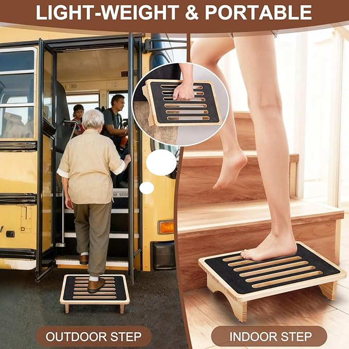One Step Stool for Adults Seniors, Non-Slip Rubber Step Surface Heavy Duty Wooden Stepping Stool, Perfect Bed Steps for High Beds & Daily Use