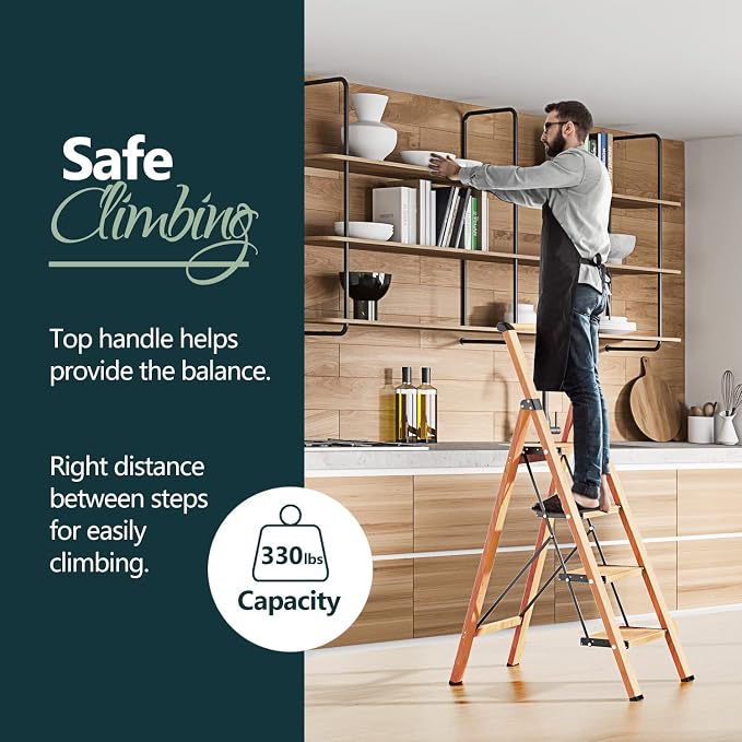 WOA WOA 4 Step Ladder, Ladders for Home, Anti-Slip Pedals, Aluminum Step Stool Foldable, Lightweight to Move, Ease of Storage, Reach 9ft for Closet Kitchen Library, Hold 300lbs - Wood Grain
