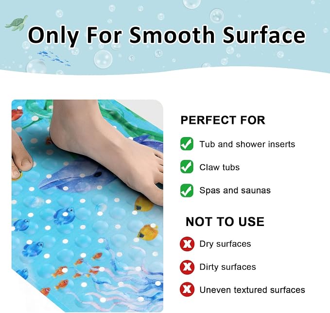 Topotdor Baby Bathtub Mat Non Slip for Kids, 40 X 16 Inch Cute Cartoon Bath Tub Shower Mat Anti Slip with Suction Cups & Drain Holes, Coral Fish