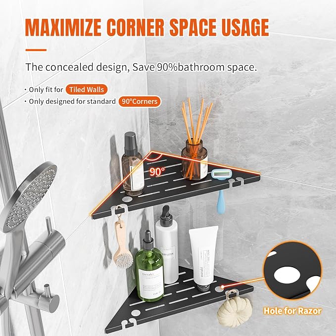 Permanent Grout-in Corner Shower Shelves with Hooks, Modern 304 Stainless Steel Shower Caddy for Bathroom Renovation & Hotel, Heavy Duty No-Drill Grout Mount Shower Organizer for Tile Wall,10", 2 Pack