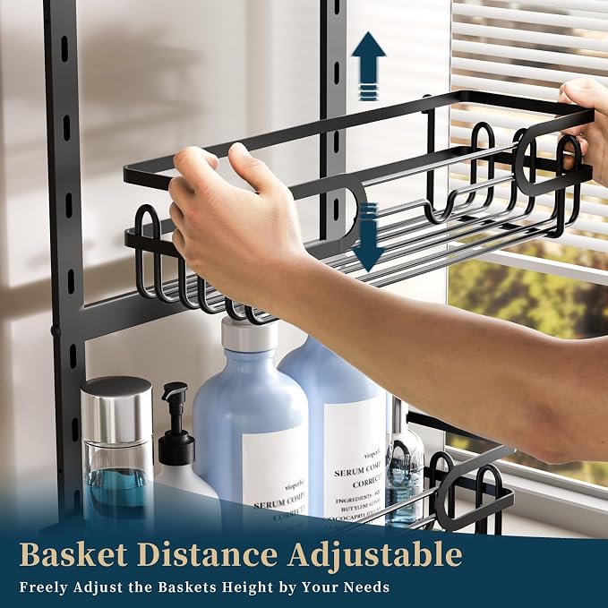 Consumest Over The Door Shower Caddy - 4 Tier Adjustable Hanging Shower Organizer Shelf with 2 Soap Holders & 22 Hooks, Rustproof Easy Installation Hanging Storage Rack for Bathroom, Black