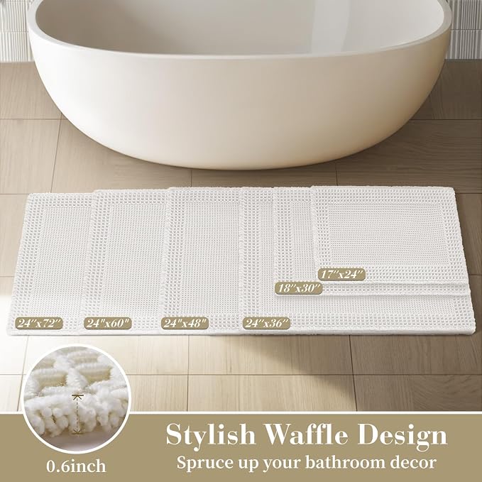 RESARE Waffle Bathroom Runner Rugs, Super Absorbent Bath Mat Non Slip Washable Quick Dry, Upgraded Ultra Soft Boho Bath Rugs with Tassels, Farmhouse Home Decor Accessories, 2'x5'(24"x60") White