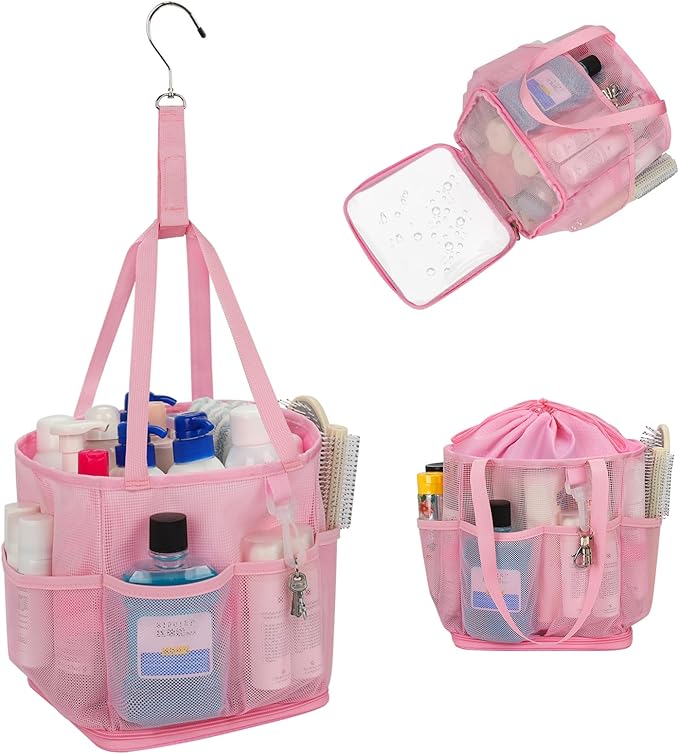 Shower Caddy Portable for College Dorm Room Essentials, Hanging Shower Caddy with Hook and Drawstring, Quick Dry Mesh Shower Bag with 6 Pockets for Bathroom, Swimming, Gym, Camping, Beach, Travel