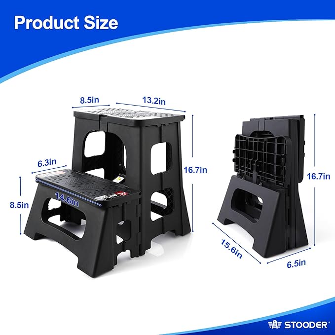 Folding Step Stool, 2-Step 8" 17", Non-Slip, 300lb Capacity | No Assembly, Stable A-Frame, Safety Lock, Anti-Slip Rubber Feet, Collapsible Stool for Kitchen Bathroom Bed RV Offic Garden