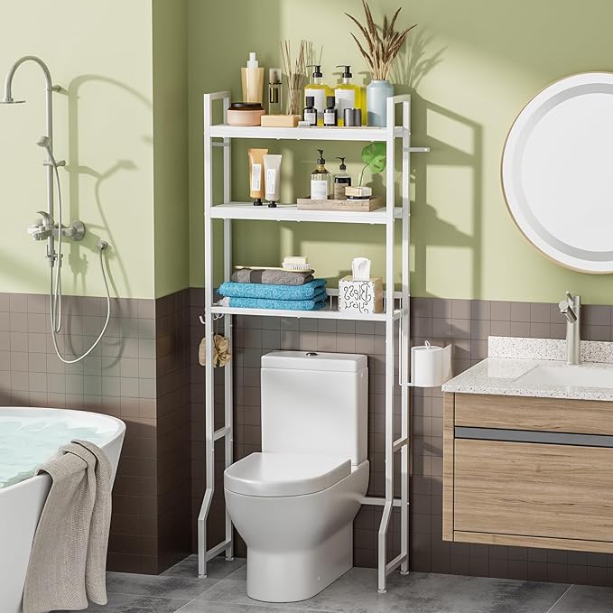 Over the Toilet Organizer White Over the Toilet Shelf with Paper Holder and 3 Hooks 3 Tier Over the Toilet Storage Rack for Restroom, Laundry Bathroom Over the Toilet Cabinet for Small Space