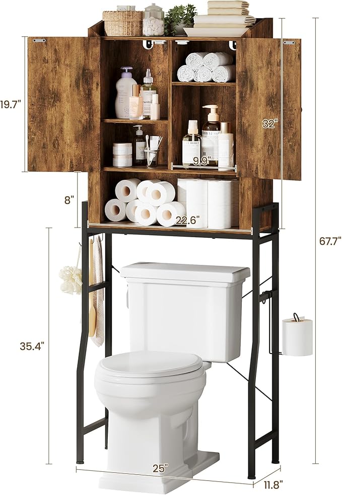 Memobarco Over The Toilet Storage Cabinet, Over Toilet Organizer with 2-Door & Metal Stand, Bathroom Organizers and Storage with Adjustable Shelves for Bathroom, Restroom, Laundry, Rustic Brown