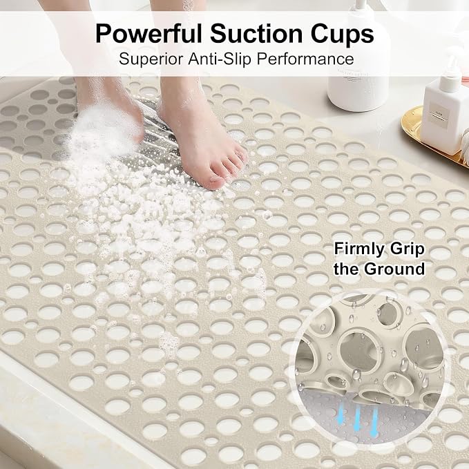 Bathtub Mat Non Slip: 30x17 inch Soft TPE Bath Mat for Tub with Suction Cups and Drain Holes, Efficient Drainage Anti Slip Shower Mats for Inside Shower, Machine Washable, Easy to Dry&Cut