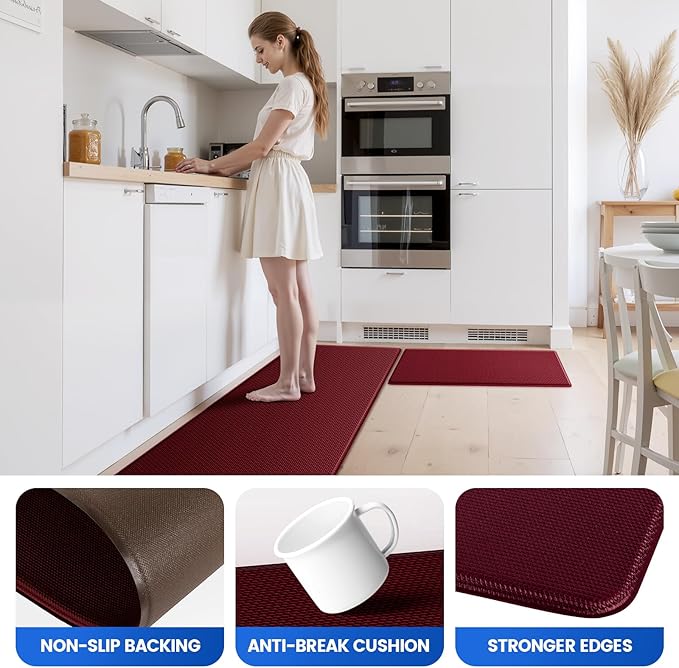 KitchenClouds Kitchen Mats for Floor,3PCS Kitchen Rugs,Non Slip Anti Fatigue Mats for Kitchen Floor,Waterproof Sink Mat,Cushioned Standing and Comfort Mats for Office,Red