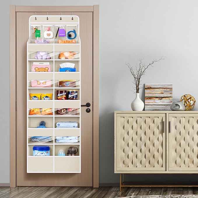 Univivi 6-Shelf Over Door Hanging Organizer Fabric Door Storage with 10 Large Pockets and 4 Small PVC Pockets Closet Cabinet Wall Mount Hanging Storage Organizers for Baby Nursery (Beige Pattern)