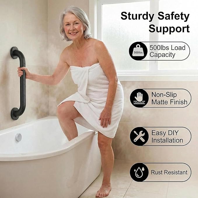 12 Inch Shower Grab Bars, 2 Pack - Anti-Slip Stainless Steel Bathroom Safety Handles for Elderly & Handicap, 304 Steel, Black, Knurled Grip（Black 12in-2-Sets）