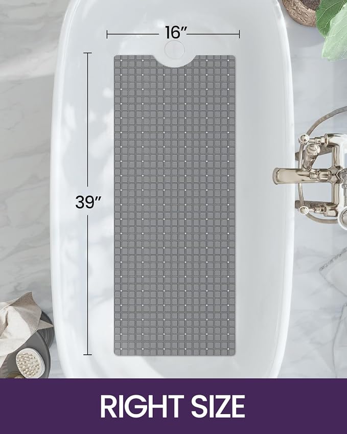DEXI Bathtub Mat Non Slip, Extra Long 39x16, Suction Cups, Drain Holes, Machine Washable for Tub Shower Floor, Grey