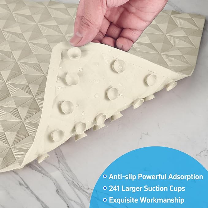 Non Slip Bathtub Mat for Bath Tub Shower - Natural Rubber Mat with 241 Suction Cups - Soft Bathroom Safety Mat - Unique Diamond Pattern - Fatigue Relief - Machine Washable - 16 × 28 Inch
