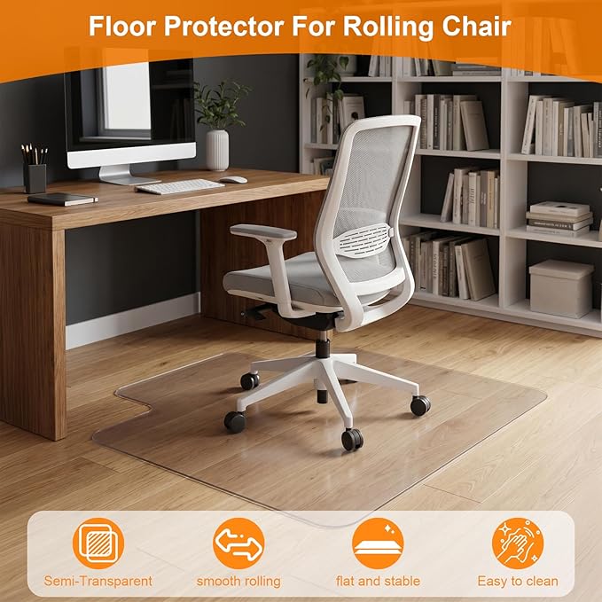 Chair Mat for Hardwood Floor, 35.5" x 47.5" Clear Office Chair Mat for Hardwood Floors with Lip, Desk Chair Mat for Rolling Chair, Smooth Rolling Desk Chair Mat, Easy-Clean Floor Protector