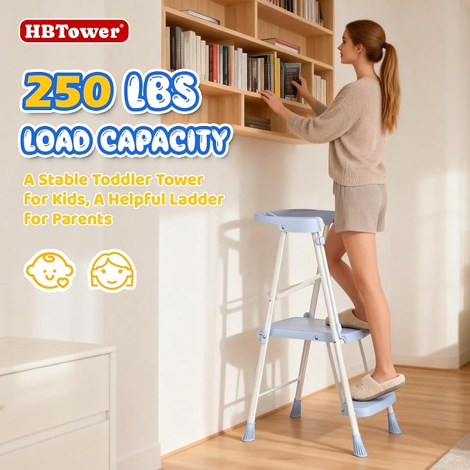 HBTower Kids 2 Steps Step Stool,Toddler Tower for Kitchen Counter Learning,Toddler Kitchen Stool Helper with Anti-Drop Safty Railing Kids Standing Folding Stepper(Blue)