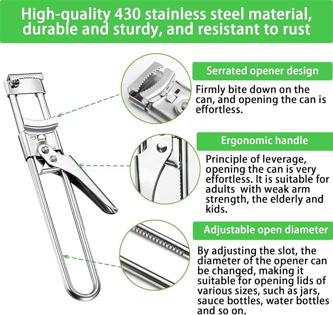 Adjustable Jar Opener, Stainless Steel Bottle Opener for Weak Hands,Multifunctional Jar Lid Opener Gripper for Seniors with Arthritis,Easy-Open Kitchen Tool for Senior and Kids (2)