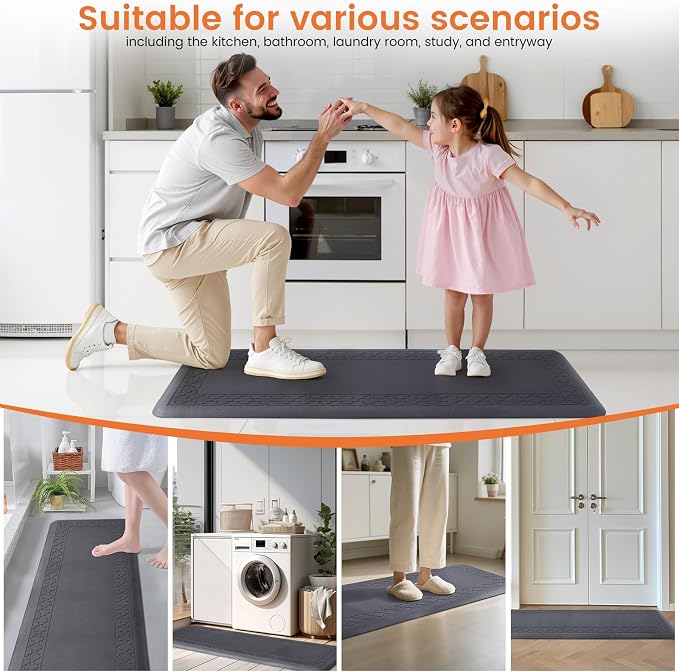 4/5 Inch Thicker Kitchen Mats for Floor Non-Slip Anti Fatigue Comfort Mat Waterproof Kitchen Rug for Sink, Office,Home Stain Resistant Standing Desk Rugs-17.3"x 60", Grey