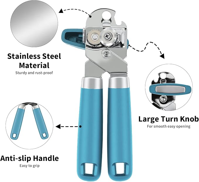 Can Opener Manual, Hand Heavy Duty Stainless Steel Bottle Opener Comfortable Handle, Sharp Blade Smooth Edge, Multifunctional Kitchen Tool, Blue