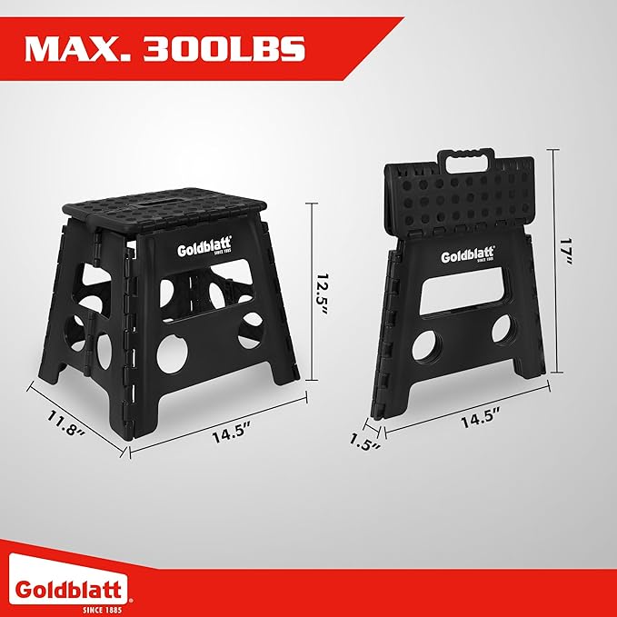 Goldblatt 12.5" Folding Step Stool 1-Pack for Adults and Kids, Lightweight Heavy-Duty Plastic Portable Foldable Stool with Non-Slip Top and Anti-Skid Feet, 300 lbs Capacity, Kitchen & Bathroom, Black