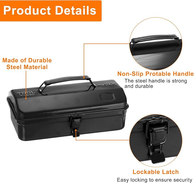 HARFINGTON Tool Box 11.4" Portable Steel Tool Box Hip Roof Style with Metal Latch Closure Tool Chest for Household Workshop Car, Black