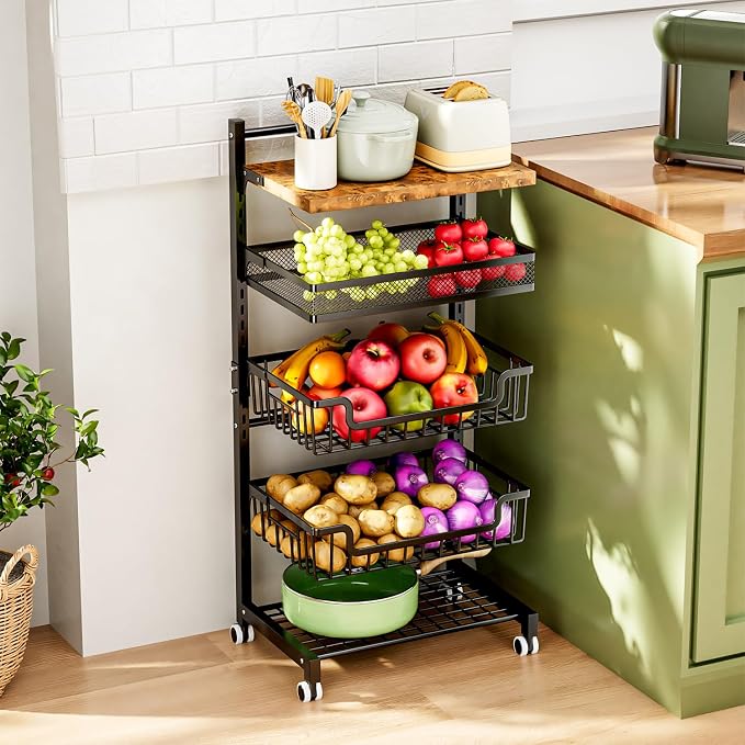 HapiRm Fruit Basket Kitchen Cart - Floor 5 Tier Adjustable Fruit and Vegetable Storage Rack, Large Capacity Rolling Kitchen Carts on Wheels for Pantry Snack Potato and Onion Storage