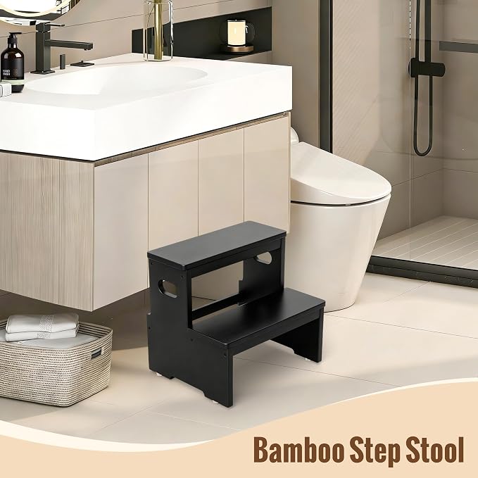 Two Step Stool for Adults and Kids, 450lbs Heavy Duty Step Stool, Bamboo Step Stool for High Beds, Portable Helper Step Stairs for Kids, for Kitchen, Bathroom, RV, Bedside Step Stool, Black