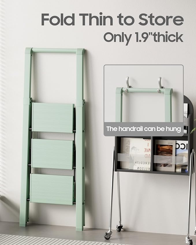 HillhutApex 3 Step Foldable Aluminum Step Ladder with Handgrip, Anti-Slip Pedal, 330 lbs Capacity, Lightweight & Portable for Home, Kitchen, Office, Garage (Pale Green)