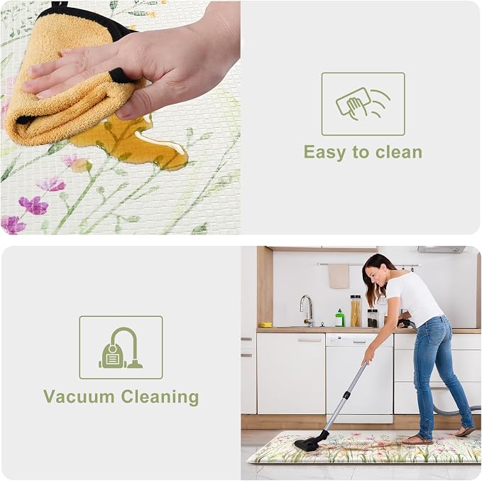 KIMODE Anti Fatigue Kitchen Mats for Floor, Farmhouse Floral Kitchen Rugs Set of 2, 17"x59"+17"x29" Kitchen Floor Mats Non-Slip, Cushioned Standing Mat for Sink, Laundry, Desk, Home White