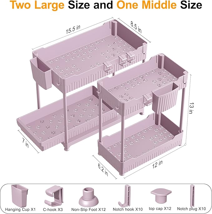 Sevenblue 3 Pack Under Sink Organizers,2-Tier Multi-Use Kitchen and Bathroom Organizers and Storage with Sliding Drawers,Bathroom Cabinet Organizer (Pink, 12.8 Inch)