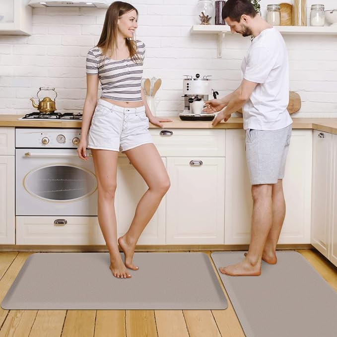 HappyTrends 2 PCS Kitchen Mat Cushioned Anti-Fatigue Floor Mat, Heavy Duty Ergonomic Comfort Foam Standing Mat, Waterproof Non-Slip Kitchen Rugs for Home, Office(17.3"x39"+17.3"x39",Khaki)