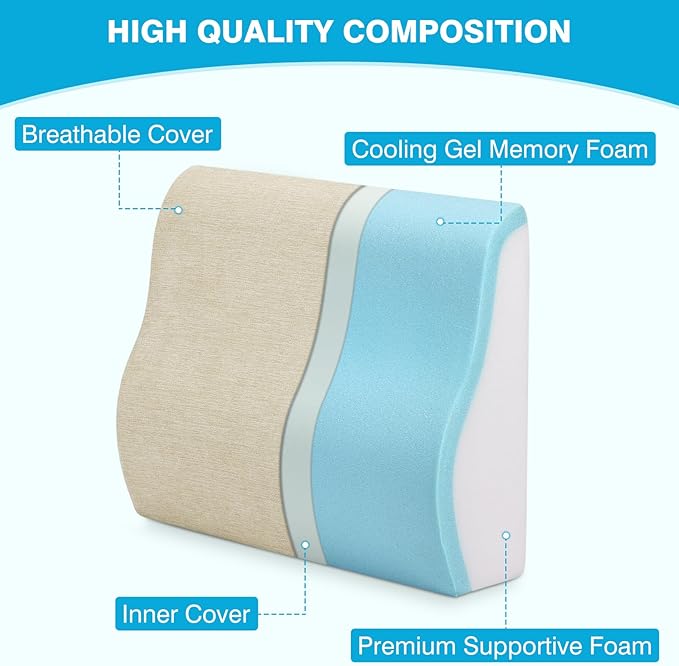 Back Support Pillow for Recliner Dual Layer Lumbar Support Pillow with Gel Memory Foam Ergonomic Orthopedic Lumbar Cushions for Elderly Lower Back Pain Relief Washable Cover Khaki