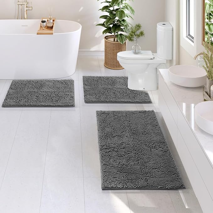 Hearth & Harbor Bathroom Rugs, Chenille Bath Mat - Machine Washable Bath Mats for Bathroom Non-Slip Backing Rubber, Quick Dry Mat - Grey Bath Rug, 17x24-20x32-20x24