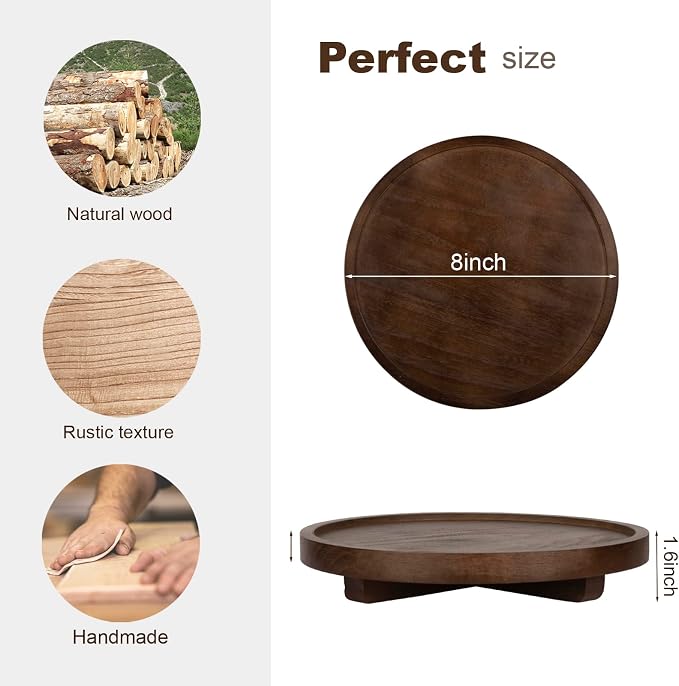 zoocatia Round Decorative Tray Wood Bathroom Counter Organizer Farmhouse Kitchen Decor Wooden Riser for Soap Dish, Perfume, Candle, Sponge, 8" - Walnut