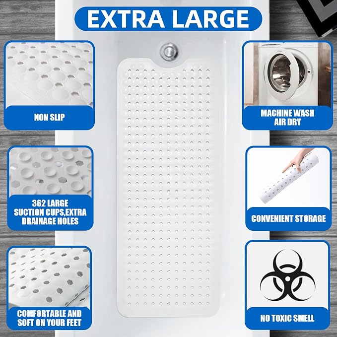 ZHICHENG Bath Tub and Shower Mats, Non-Slip 39 x 16 Inch Extra Long Bath Mat, Machine Washable Bathtub Mat with Drain Holes, Suction Cups for Bathroom (White)