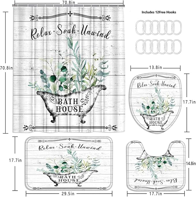 Nkzply 4 Pcs Farmhouse Shower Curtain Rustic Bathroom Sets with Shower Curtain and Rugs Floral Shower Curtain Set Green Leaves Bathroom Decor Vintage Bathroom Rugs Set Toilet Lid Cover Hooks