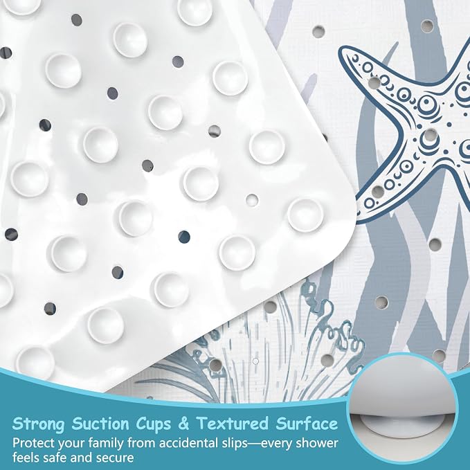 Sea Turtle Square Anti Slip Shower Mats for Inside Shower Accessories, Cute Bath Mats for Bathroom Non Slip Shower Floor Mat Decor Rubber Bathmat With Suction and Drain Holes Machine Washable, 21″X21″