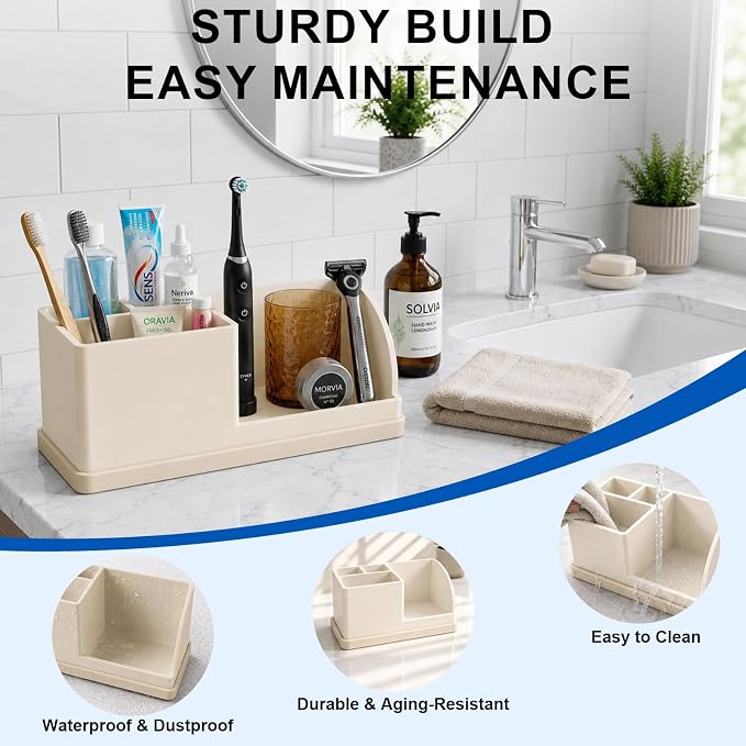 Bathroom Toothbrush Holders, 4 Slots Silicone Counter Organizer Storage Beige, Detachable Anti-Slip Vanity Organizer for Electric Toothbrush, Toothpaste & Phone
