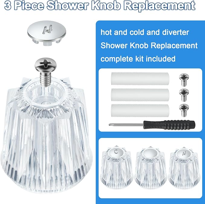 Shower Knobs 3 Piece Replacement and Flange Base, Clear Acrylic Plastic Hot/Cold/Diverter Shower Knob Compatible with Price Pfister Contessa and Windsor Bathtub Shower Faucet Handle