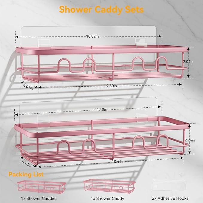 Adhesive Shower Caddy, Large Capacity Shower Racks for Inside Shower, No Drill Bathroom Shower Organizer and Storage, 2 Pack Pink Bathroom Shelves, Home Decor Rv Accessories, Apartment