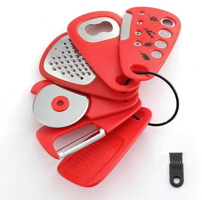 Kitchen Gadgets Set 6 Pieces, Space Saving Cooking Tools Kitchen Accessories-Garlic Grinder, Cheese Grater, Vegetable Peeler, Pizza Cutter, Herb Stripper, Bottle Opener, Gadgets Gift Set (Red)