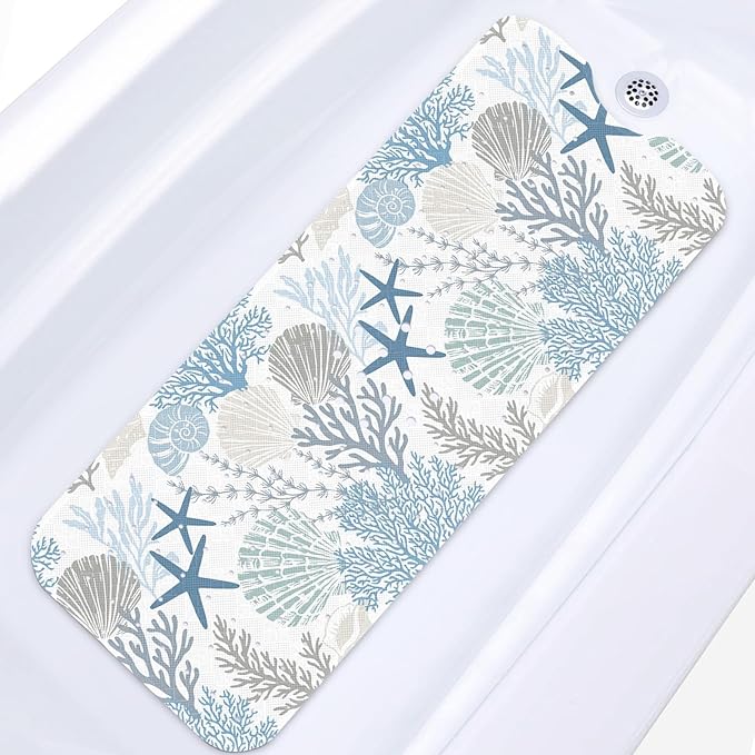Sea Shells Coral Seashell Bath Mat Non Slip, Starfish Underwater 40X16 Inch Extra Long Bathtub Shower Mat for Tub Anti Slip with Suction Cups and Drain Holes for Kid Adult Elderly