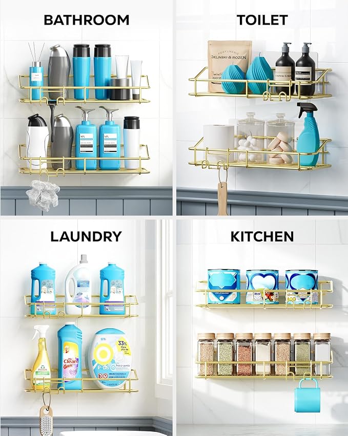 Nieifi Shower Caddy Shelf Storage Rack Adhesive Without Drilling Stainless Steel with Hooks for Washroom, Lavatory, Restroom, Toilet, Bathroom, Kitchen - 2 Pack, Golden