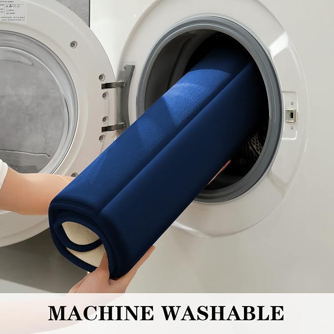 BYSURE Navy Blue Memory Foam Bath Mats, Non Slip Extra Soft Absorbent Machine WashableToilet Bathroom Rug Set 3 Piece (20"x32"+24"x44"+U Shape 20"x24")