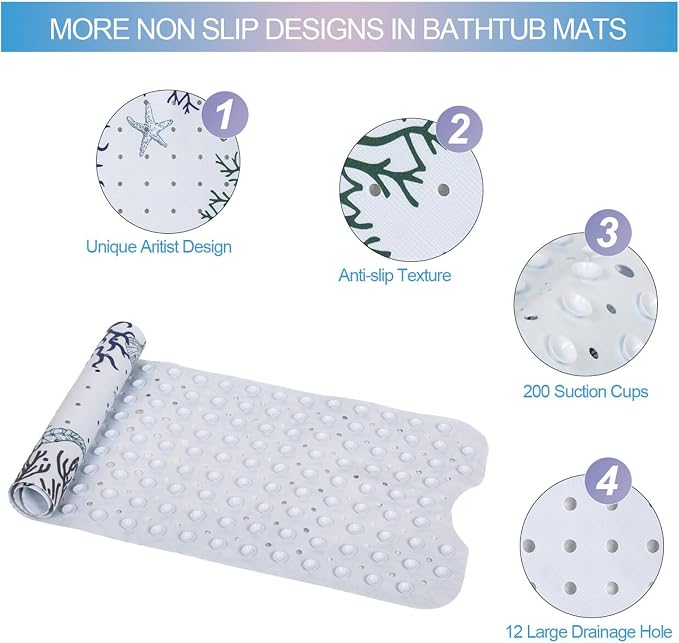 Bathtub Mat Non Slip 40x16 Inch Extra Long Bath Mat, Sea Animals Shower Mat Non Slip Bath Mat for Tub Anti Slip with Large Drain Holes and Suction Cups, Ocean Design Bathroom Mat for Bathroom Decor ﻿