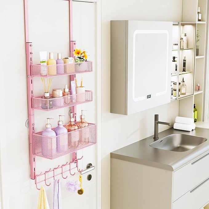 Consumest Over The Door Hooks Organizer - 4 Tier Door Coat Rack with 3 Baskets and 12 Hooks, Stainless Steel Towel Hanger for Bedroom, Bathroom, Living Room, Pink