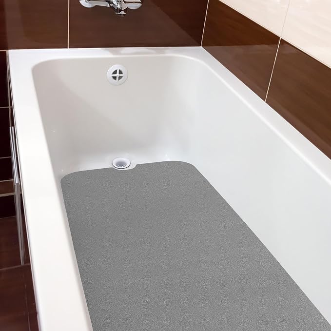 Dunzoom 16" x 40" Non Slip Bathtub Mat with Drain Cut Out Non Skid Safety Bath Mat Adhesive Peel and Stick Bath Tub Mat Arc Angle PEVA Tub Anti Slip Stickers for Shower Floor Wet Areas (Light Gray)