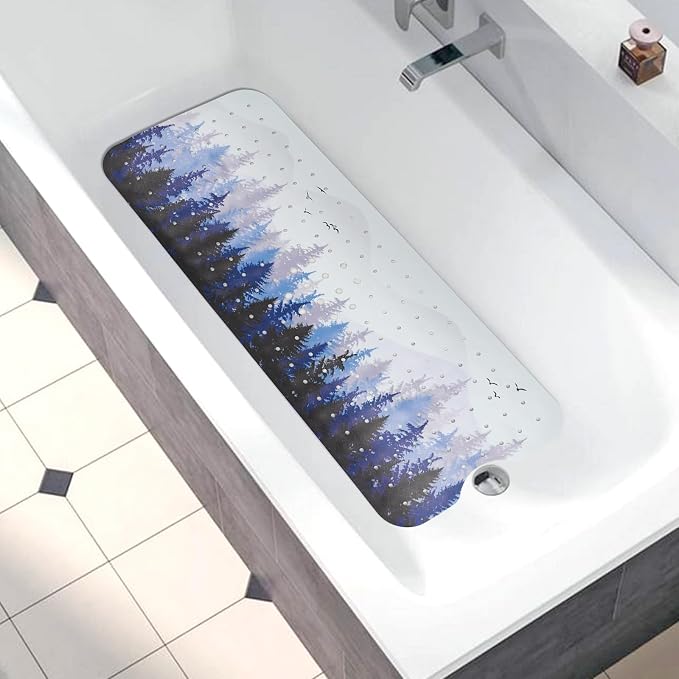 Bathtub Mat Non Slip, Forest Extra Long Bath tub Mat Shower Floor Mat with Suction Cups and Drain Holes for Adults Kids Elderly 40 X 16 Inch