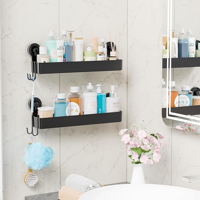 Black 2 Pack Acrylic Shower Caddy Suction Cup,No Rust Bathroom Organizers and Storage Holder,Plastic Wall Mounted Shower Shelves,Bathtub Storage Organizer,Shampoo and Conditioner Holder for Washroom